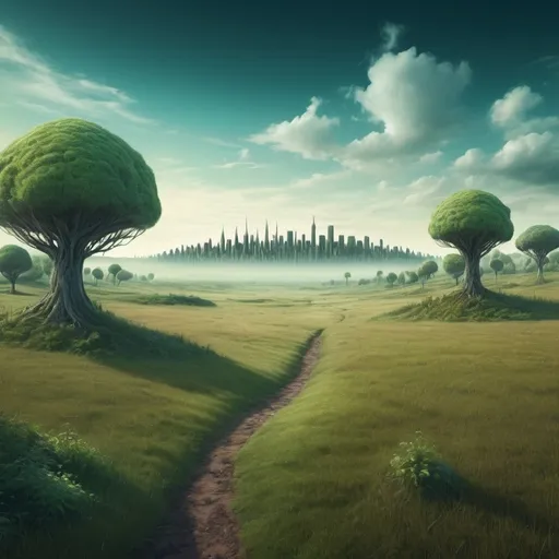 Prompt: Surreal dreamscape forest to the side grassland flatland small city in distance