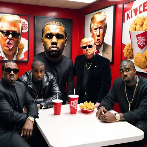 Prompt: "Puff Daddy" Sean Love Combs, Kanye West and Donald Trump hanging out at Kentucky Fried Chicken.