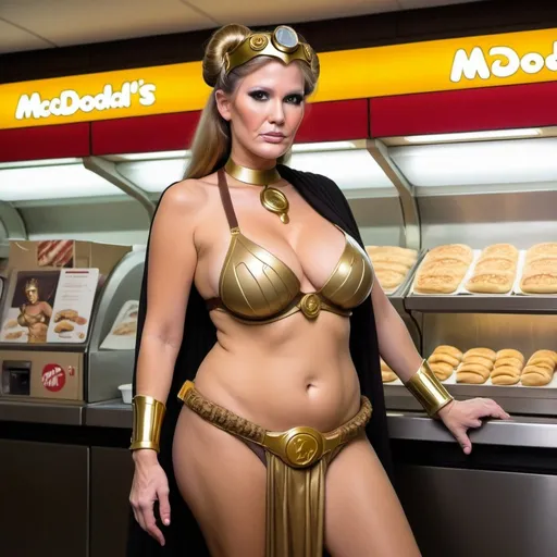 Prompt: Donald Trump as slave Leia working at a McDonalds