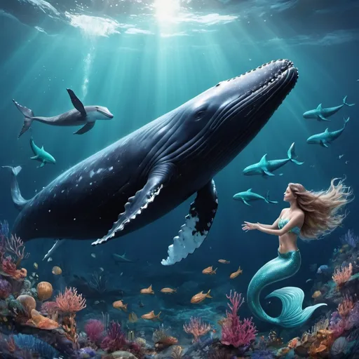 Prompt: Generate a hapy humpback whale surrounded by mermaids