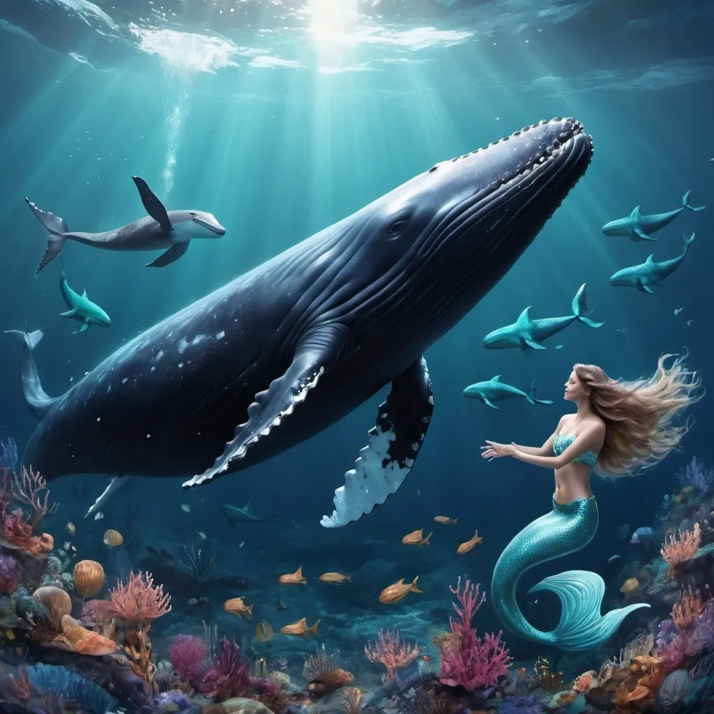 Prompt: Generate a hapy humpback whale surrounded by mermaids