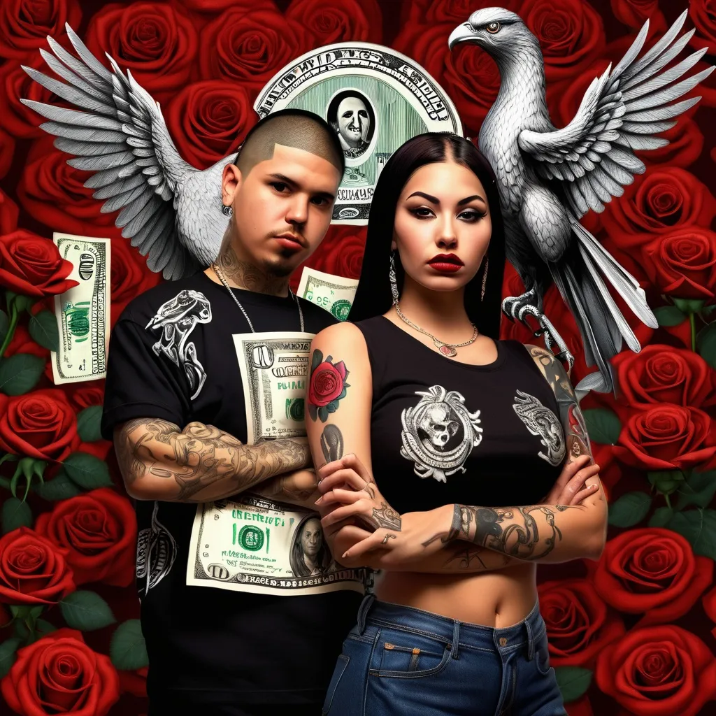 Prompt: A CHOLO AND CHOLA WITH PHOENIX BIRD RISING BEHIND DOLLAR SIGNS WITH RED ROSES AROUND CENTER PIECE