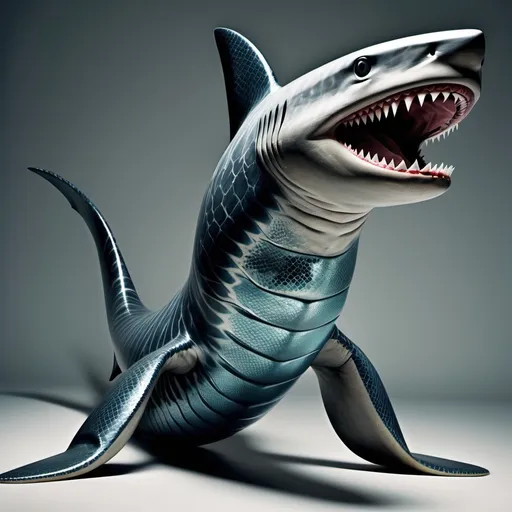 Prompt: Create an image of a hybrid animal that combines features of a shark and a giant snake. The creature has a sleek, elongated body resembling that of a snake, covered in shimmering, scale-like skin reminiscent of a shark's. Its head features a shark's distinct snout and sharp teeth, while its eyes are large and expressive, similar to a snake's. The tail is long and powerful, ending in a fin-like structure. This hybrid animal is poised in a dynamic underwater scene, showcasing its agility and predatory nature.