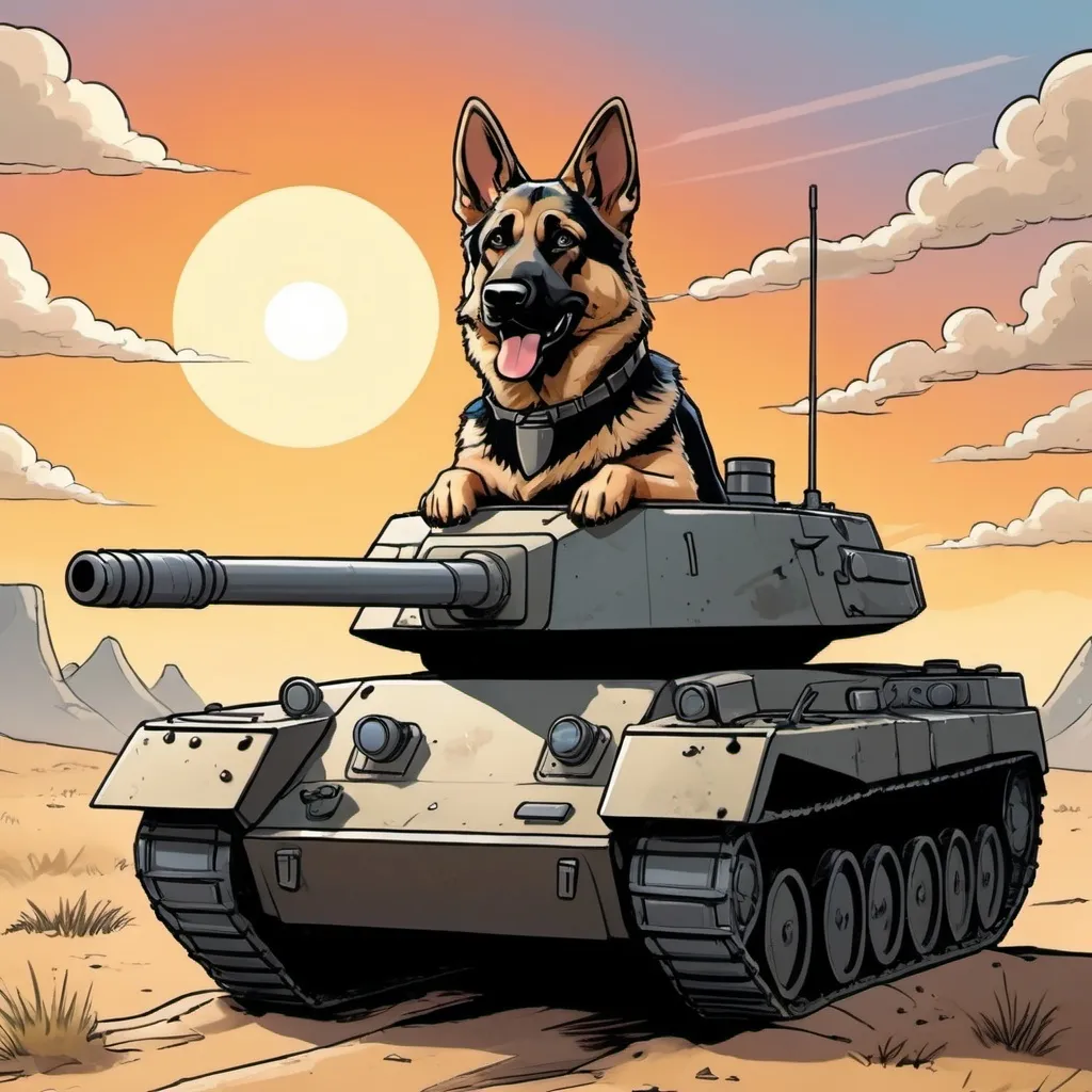 Prompt: a cute tank in the comic book style sunrise, in the commender turret be a german shepherd dog