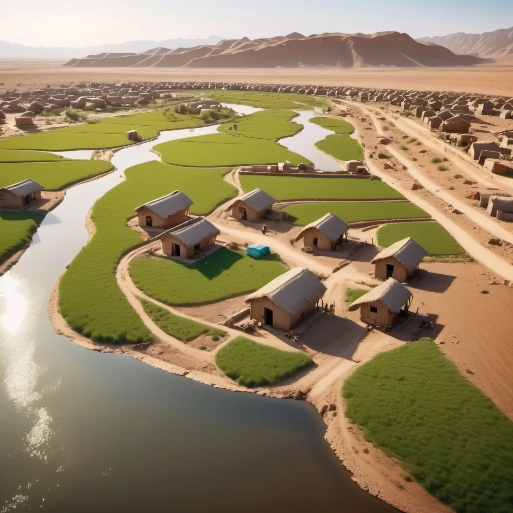 Prompt: small settlement in desert ,irrigation ditches to crops green and growing, sheep and goats around village huts and river in back ground, aerial view, settlement scene, cinematic lighting