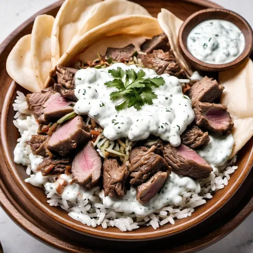 Prompt: A bowl with rice and lamb gyro meat on top and some tzatziki sauce