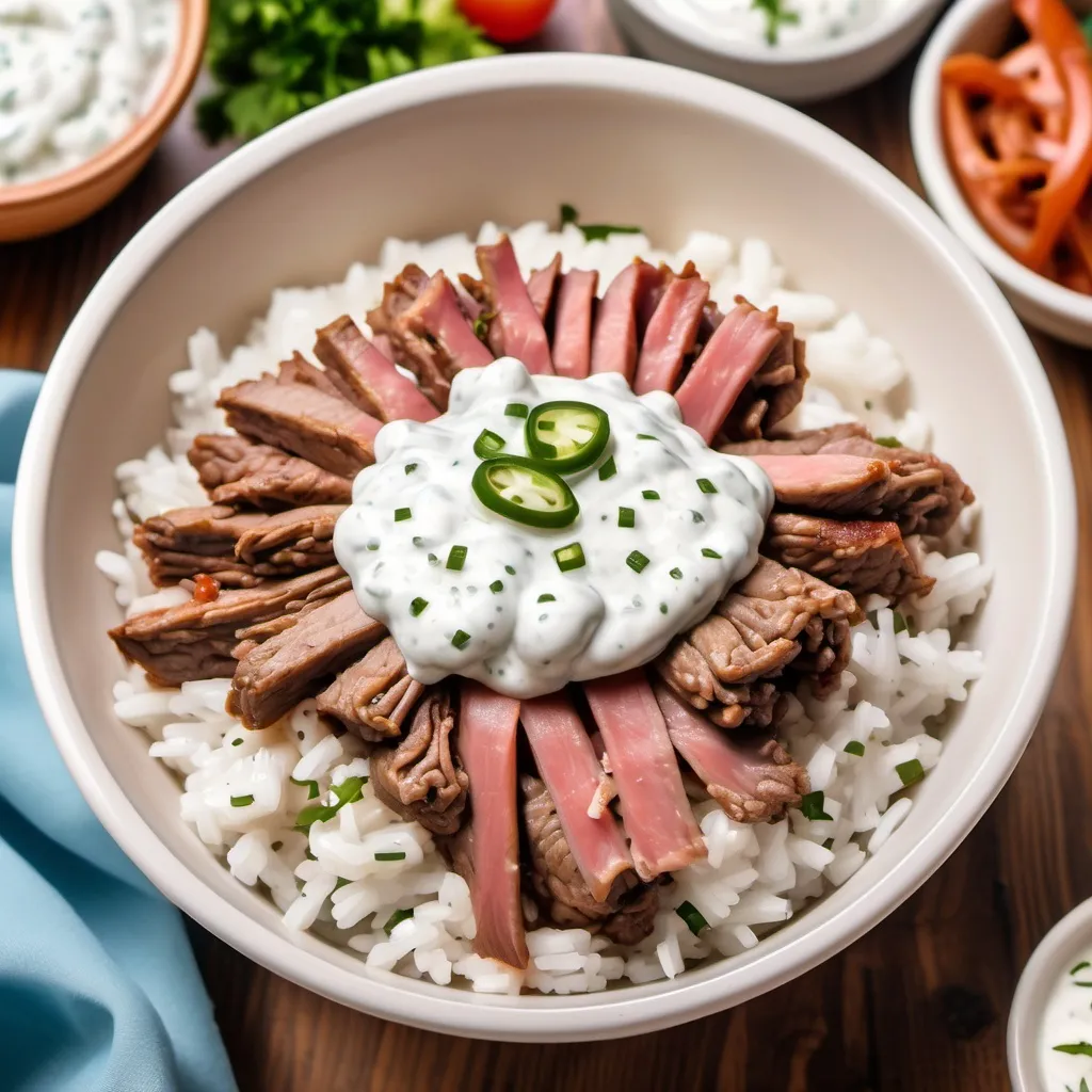 Prompt: A cartoon style bowl with rice and gyro meat on top and some tzatziki sauce