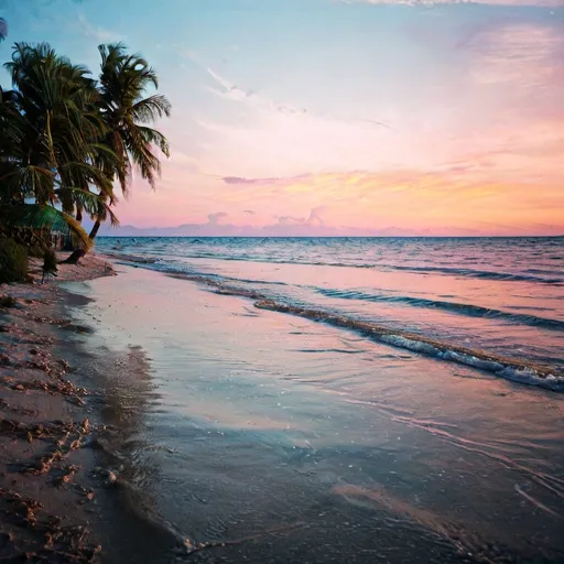 Prompt: a beautiful white sand beach with crystal blue sea and small palm trees. there is a sunset is reflecting on the sea, in the middle, hues of pink and orange in the sky, no animals in the sea.

