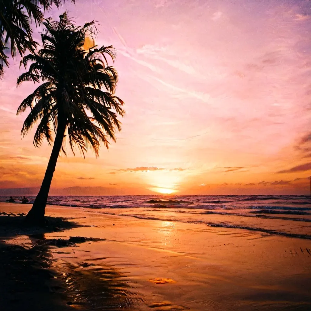 Prompt: single palm tree silhouette on the beach, pink and orange hues, sunset
