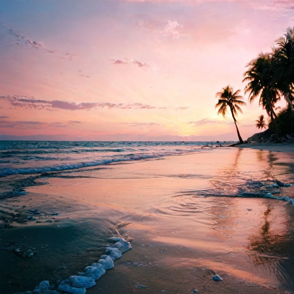 Prompt: a beautiful white sand beach with crystal blue sea and small palm trees. there is a sunset is reflecting on the sea, in the middle, hues of pink and orange in the sky, no animals in the sea.

