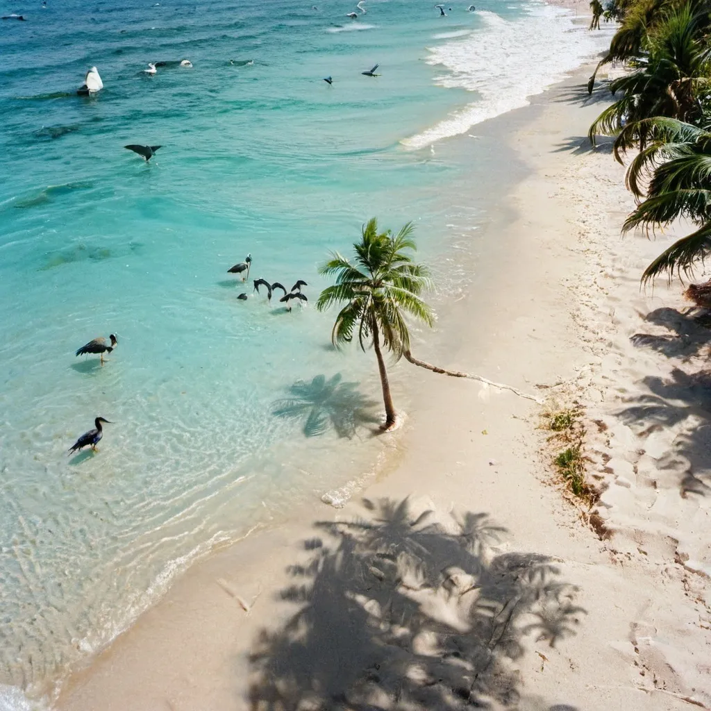 Prompt: a beautiful white sand beach, birds eye view. crystal blue sea with a small palm tree 

