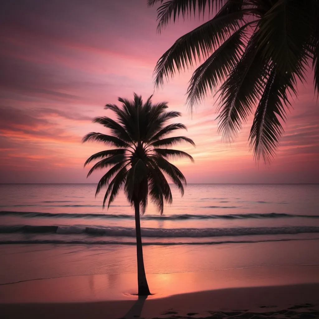 Prompt: single palm tree silhouette on the beach, pink and orange hues, sunset
