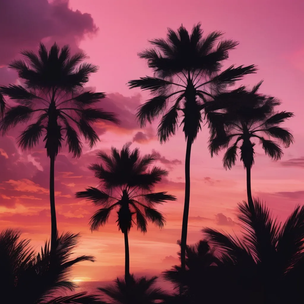 Prompt: close up view of Palm Trees silhouette, Sunset, Pink and orange clouds