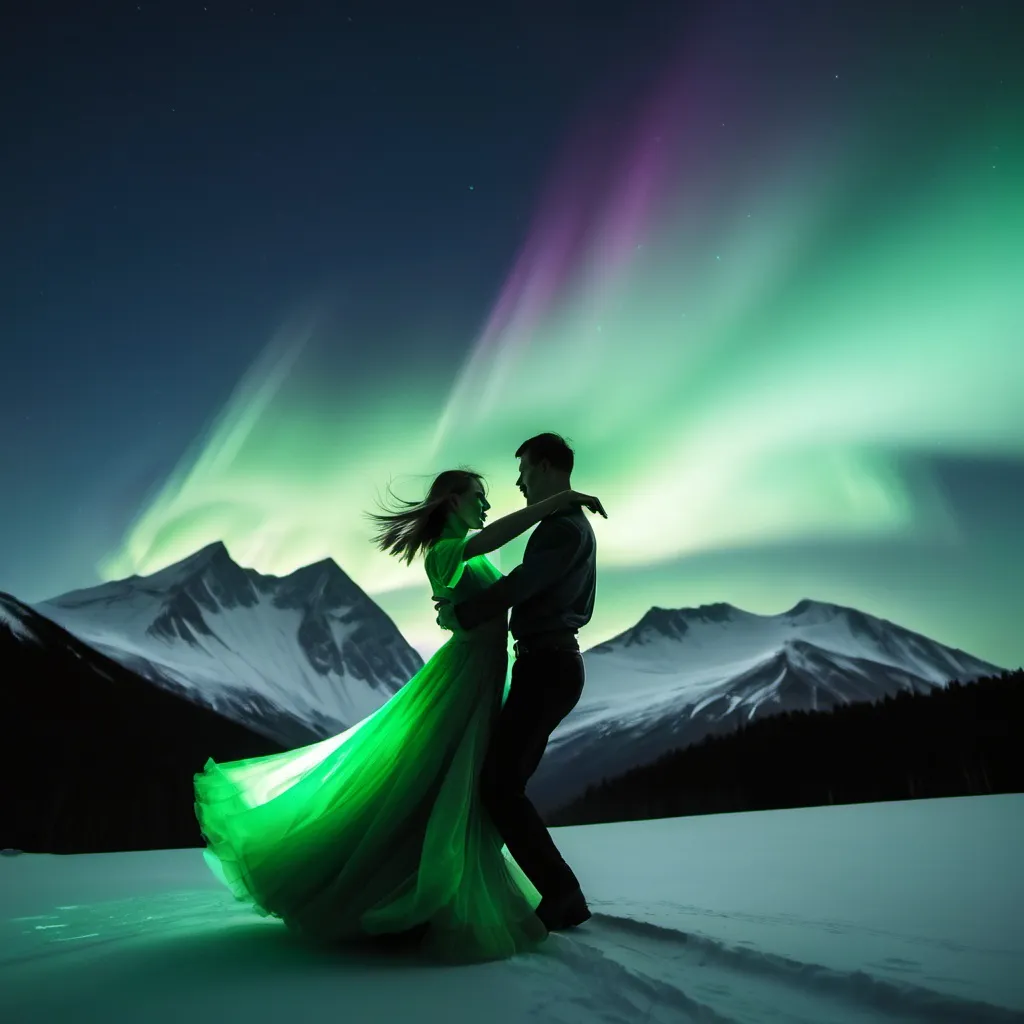 Prompt: In norther light on high mountain couple are dancing