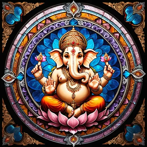 Prompt: (masterpiece, best quality), 8K,(((Very detailed))), Race:1.8,Super intricate Race pattern,colorful Race pattern,Stained glass background transparent body, Mandala,Light Up,cold, 1 god Ganesh,Open back,(curls,Blonde),