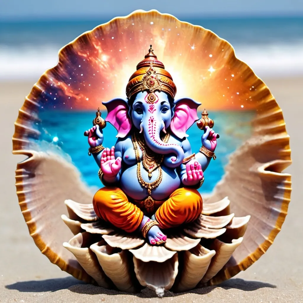 Prompt: god Ganesh on beach shell body is made nebula effect