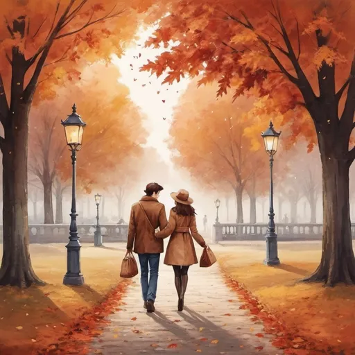 Prompt: Autumn leaves and romantic couple are walking