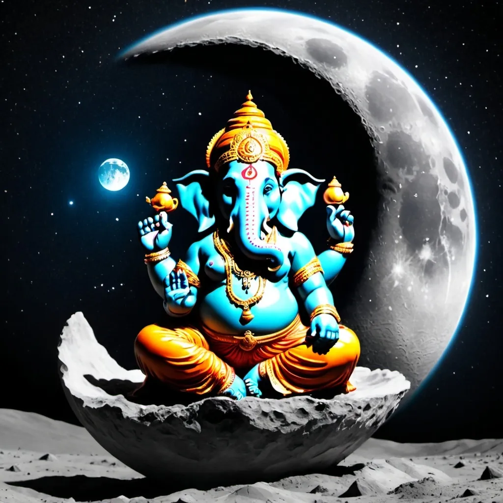 Prompt: god Ganesh is on moon  body is made nebula effect