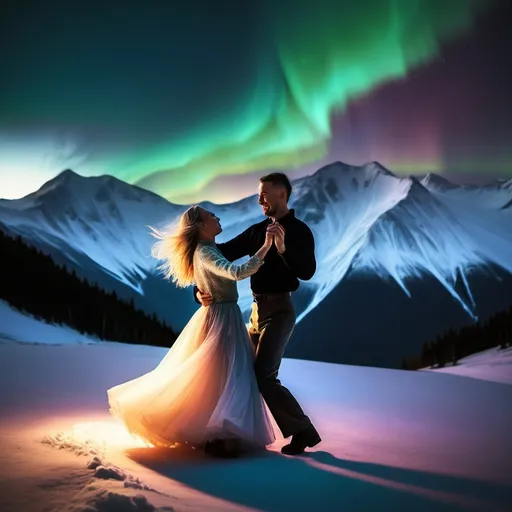 Prompt: In norther light on high mountain couple are dancing