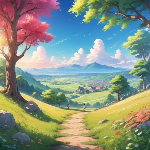 Prompt: Anime illustration of a safe world, peaceful and serene setting, colorful meadows and clear skies, cheerful and friendly characters, vibrant and lively atmosphere, high quality, detailed anime style, bright and warm tones, soft and gentle lighting