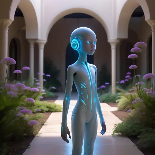 Prompt: Visual Description: "The Listening One"
This hybrid child stands alone in a serene, futuristic courtyard lined with bioluminescent flora and softly pulsing crystalline arches. They are around 10 years old, and their appearance is unlike anything traditionally human.

Their head is smooth and slightly elongated, with no ears or mouth—communication happens through subtle pulses from a glowing panel across their collarbones. Their skin is translucent and softly iridescent, shifting between opal, lavender, and pale turquoise. Inside, delicate threads of light can be seen moving slowly through their body—like neural filaments conducting emotion.

Their eyes are enormous, dark, and reflective—pools of deep presence. They wear a flowing tunic woven from memory-fiber that subtly ripples with their mood.

They are holding a resonant orb close to their chest—not just playing with it, but harmonizing with it, emitting gentle waves of color and vibration through their chestplate. The scene is silent yet alive, full of energy felt rather than heard.


