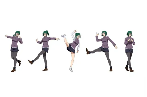 Prompt: anime female Maki Zenin 6cd91343 with green hair, glasses, wearing a purple collar jacket Multiple instances of the same character in different poses on a white background. The character is shown: Dancing: mid-dance move, arms and legs in rhythmic motion, joyful expression. Making a heart shape: hands forming a heart shape in front of the chest, warm smile. Kicking: one leg extended in a kicking motion, arms for balance, determined look. Walking: mid-stride, one foot in front of the other, natural arm swing, casual pose. Background: Clean white background, providing a pristine backdrop. Ample space between poses. Character design consistent across all poses. Arrange poses in a visually pleasing composition across the image.