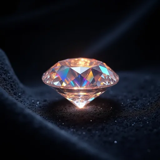 Prompt: A rare, flawless natural diamond glowing with a mesmerizing inner fire, showcasing vibrant rainbow reflections. The diamond’s unique, artistic cut sparkles brilliantly against a luxurious black velvet background, illuminated by soft, elegant lighting that highlights its unmatched clarity and beauty.
