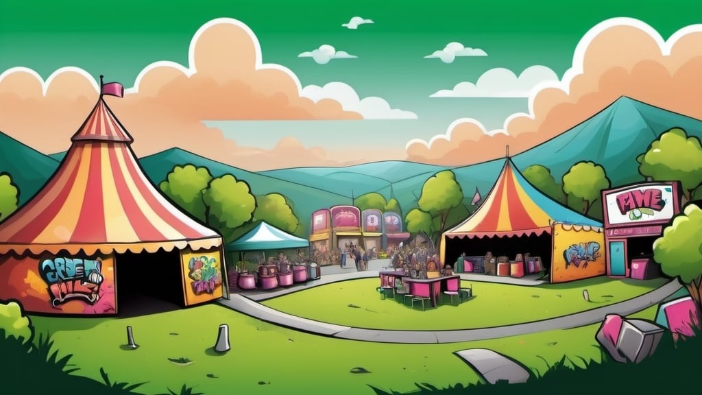 Prompt: create me an image in cartoon / graffiti style of a fun fayre in the distance with green hills no wording