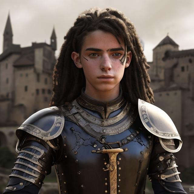 Prompt: High realism, non-binary youth in medieval attire with more masculine traits, detailed black hair, intense black eyes, tanned complexion, realistic medieval setting, intricate non-binary clothing, professional quality, high-res, detailed realism, medieval, non-binary, detailed hair, intense eyes, tanned skin, realistic setting, intricate clothing, atmospheric lighting