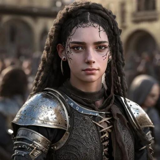 Prompt: High realism, non-binary youth in medieval attire, detailed black hair, intense black eyes, tanned complexion, realistic medieval setting, intricate non-binary clothing, professional quality, high-res, detailed realism, medieval, non-binary, detailed hair, intense eyes, tanned skin, realistic setting, intricate clothing, atmospheric lighting