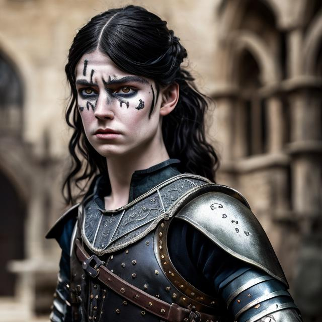 Prompt: High realism, non-binary youth in medieval attire with more masculine traits, detailed wavy shoulder length black hair, intense black eyes with thick black eyeliner, tanned complexion, realistic medieval setting, intricate non-binary clothing, professional quality, high-res, detailed realism, medieval, non-binary, detailed hair, intense eyes, tanned skin, realistic setting, intricate clothing, atmospheric lighting