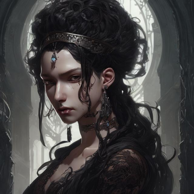 Prompt: high realism, a non-binary person with long hair wearing a white lace dress and earrings, with a black background and a black background, Cedric Peyravernay, fantasy art, epic fantasy character art, a character portrait, brown skin, hazel eyes, black hair