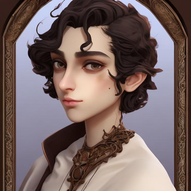 Prompt: High realism, Imran Anj, Create a character that has unruly silky black hair, hazel almond shaped eyes, warm brown skin, full lips, soft cheekbones, angular jaw lines, and a rounded chin,  They have a feminine shoulder frame, Jewelry will often be around neck, wrists, on ears, in hair, non-binary youth in medieval gown with more masculine traits, detailed black hair at shoulder length, intense black eyes with thick black eyeliner, light brown complexion, realistic medieval setting, intricate non-binary clothing, professional quality, high-res, detailed realism, medieval, non-binary, detailed hair, intense eyes, tanned skin, realistic setting, intricate clothing, atmospheric lighting