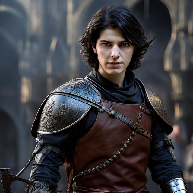 Prompt: High realism, looks like Imran Anj, non-binary youth in medieval attire with more masculine traits, detailed  black hair at shoulder length, intense black eyes with thick black eyeliner, light brown complexion, realistic medieval setting, intricate non-binary clothing, professional quality, high-res, detailed realism, medieval, non-binary, detailed hair, intense eyes, tanned skin, realistic setting, intricate clothing, atmospheric lighting