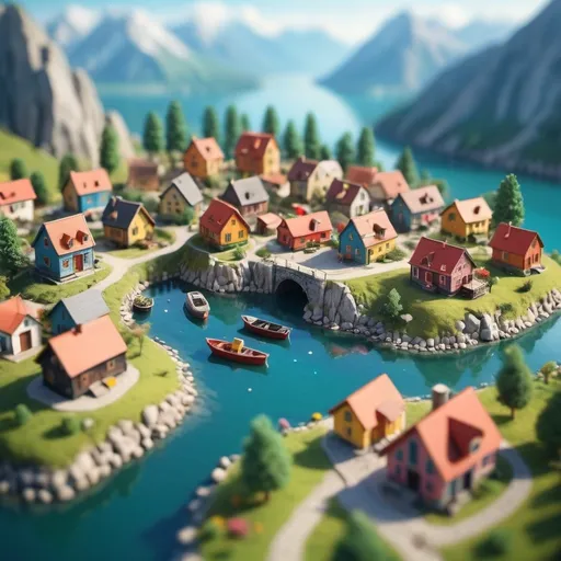 Prompt: (aerial view), (tilt-shift), (isometric miniature world), ultra-detailed landscape render, vibrant colors, tiny houses, charming boats, majestic mountains, serene lakes, whimsical atmosphere, intricate textures, enchanting details, soft lighting, dreamlike quality, 4K, picturesque scene, imaginative and playful environment.