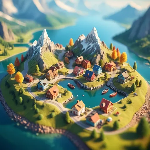 Prompt: (aerial view), (tilt-shift), (isometric miniature world), ultra-detailed landscape render, vibrant colors, tiny houses, charming boats, majestic mountains, serene lakes, whimsical atmosphere, intricate textures, enchanting details, soft lighting, dreamlike quality, 4K, picturesque scene, imaginative and playful environment.