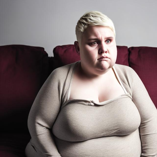 Prompt: morbidly obese middle aged white woman blonde pixie cut ugly depressed with jowls and triple chin sitting on messy couch  