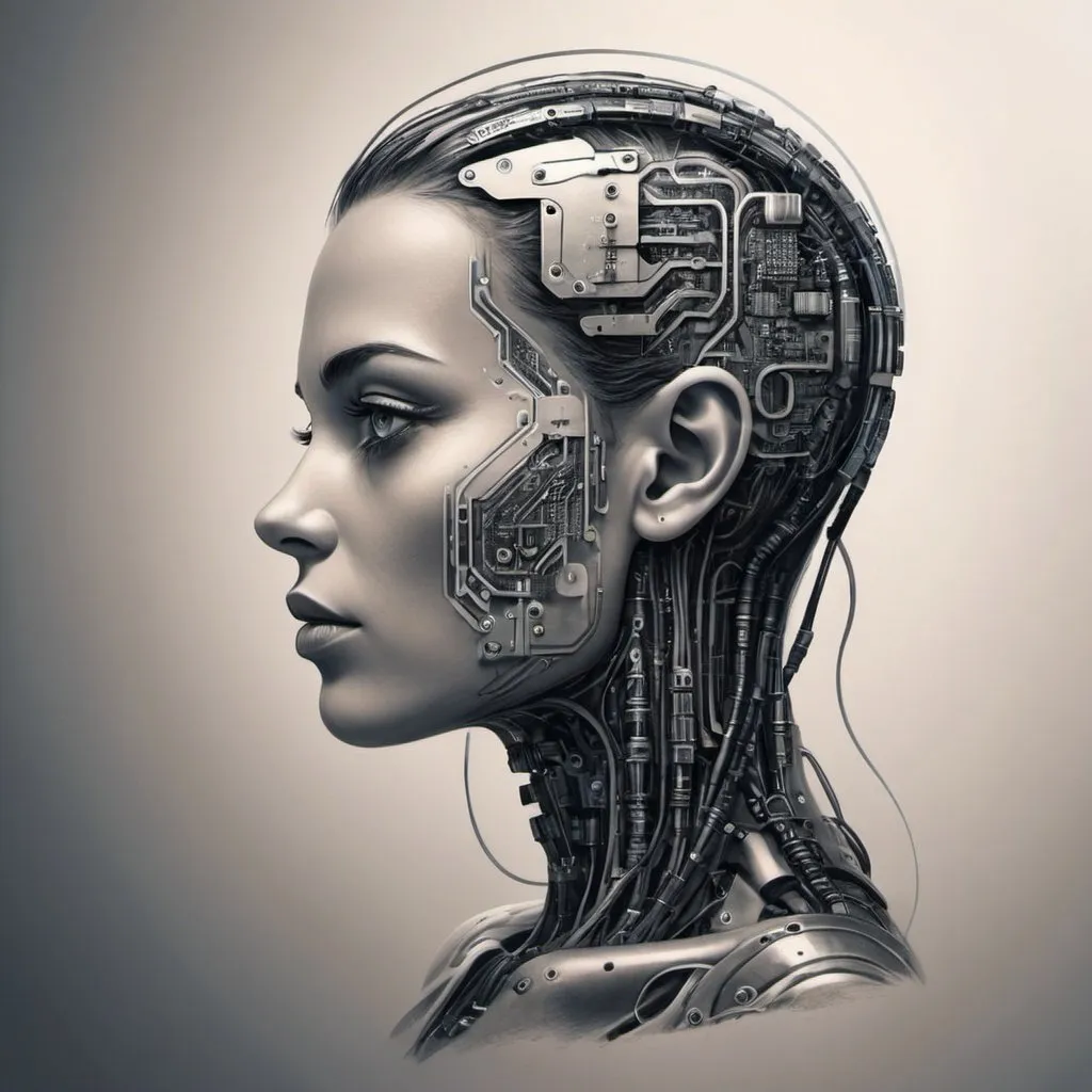 Prompt: I would like a tattoo representing artificial intelligence, using circuits and the face of an android in the design