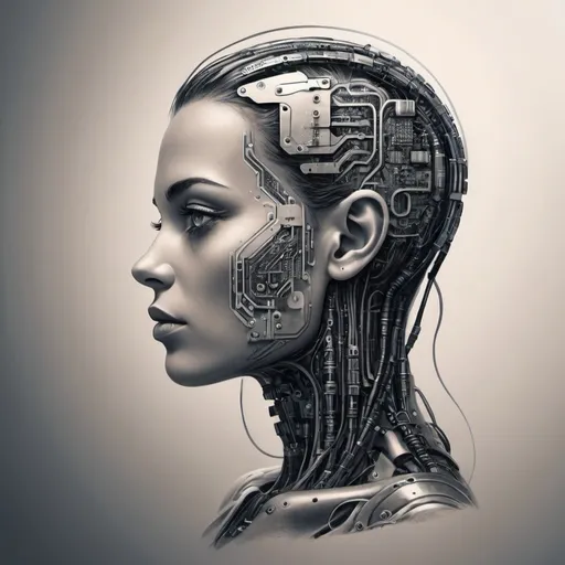 Prompt: I would like a tattoo representing artificial intelligence, using circuits and the face of an android in the design