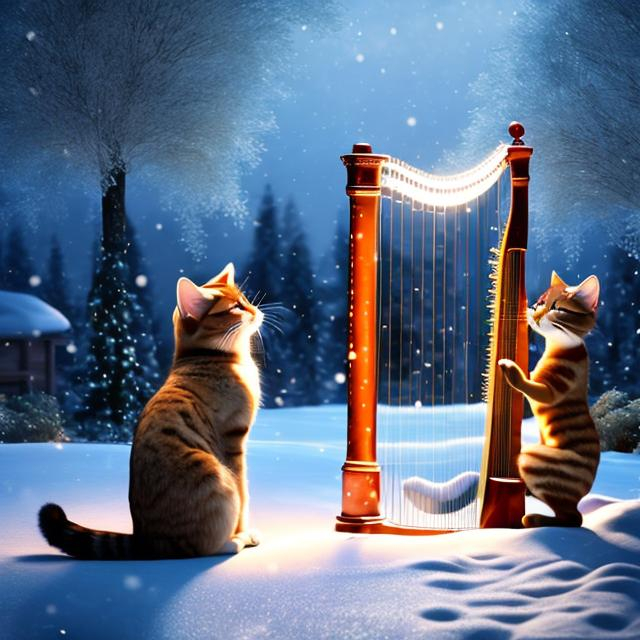 Prompt: A serene Christmas Eve scene where a furry cat reaches out to pluck the strings of a harp. The setting is magical, with a soft glow of holiday lights and softly falling snow in the background. The cat, with a curious and gentle expression, stands on its hind legs, with its paw extended towards the harp. The harp is richly decorated, matching the festive theme, and is surrounded by a beautifully decorated Christmas tree, gifts and candles glowing softly, creating a warm and charming atmosphere. Oil painting --v 5.2 --style raw --s 250