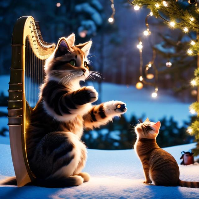 Prompt: A serene Christmas Eve scene where a furry cat reaches out to pluck the strings of a harp. The setting is magical, with a soft glow of holiday lights and softly falling snow in the background. The cat, with a curious and gentle expression, stands on its hind legs, with its paw extended towards the harp. The harp is richly decorated, matching the festive theme, and is surrounded by a beautifully decorated Christmas tree, gifts and candles glowing softly, creating a warm and charming atmosphere. Oil painting --v 5.2 --style raw --s 250