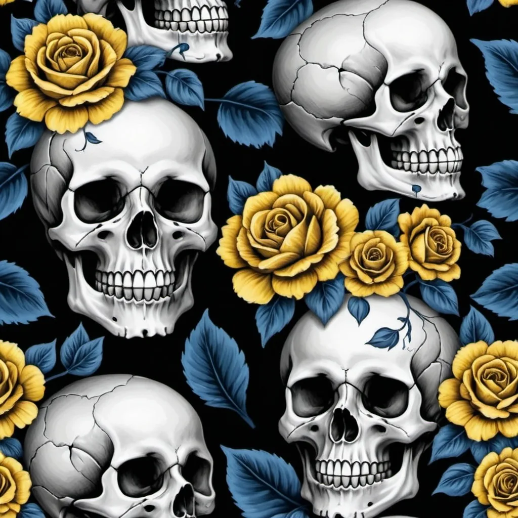 Prompt: a repeating pattern of skulls and yellow flowers on a dark background, incorporate some blues into the background and the skulls minimal empty sapce