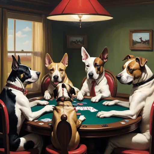 Prompt: dogs playing poker in the style of Hopper