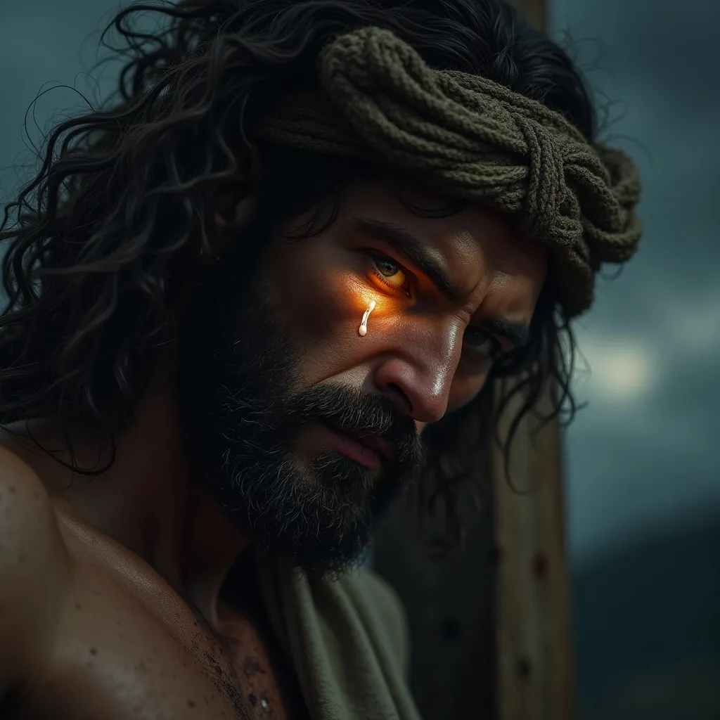 Prompt: Photorealistic close-up of Dimas on the cross, tearful eyes looking toward Jesus. A glowing tear reflects soft divine light, illuminating his face. Rough wooden cross, dark stormy sky, detailed skin with sweat and dirt. Emotional cinematic lighting, aspect ratio