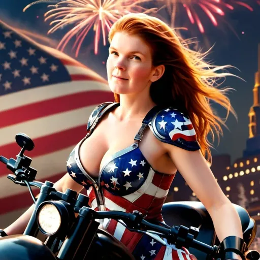 Prompt: Mecha woman on motorcycle,  Americana, highly detailed, HD, American flag armor, long hair, fireworks in background, cinematic render, pleated mini skirt