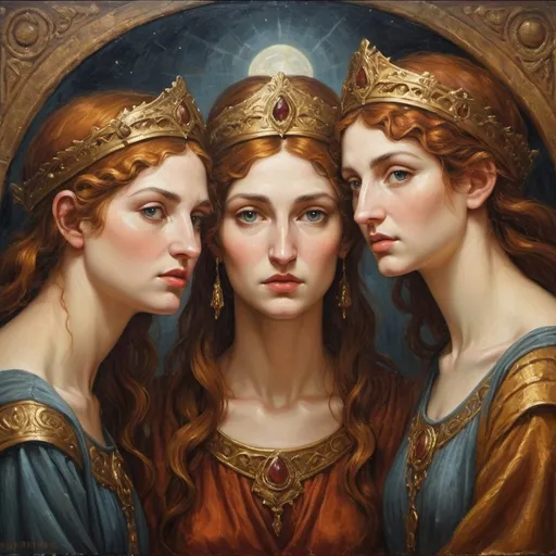 Prompt: Medieval oil painting of the 3 Fates, ancient Greek mythology, detailed facial features, rich and textured brushstrokes, mystical atmosphere, high quality, medieval, oil painting, detailed features, mystical, rich texture, atmospheric lighting