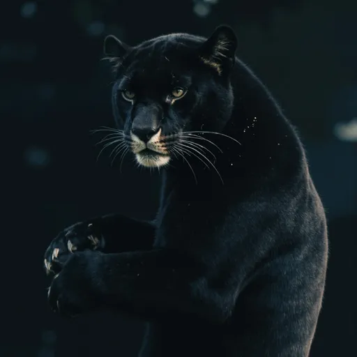 Prompt: Macan hitam memeluk dari belakang dengan tangan depannya, ekspresi wajah kalem dengan bulu nya dan corak warna yang tebal