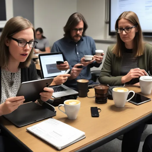 Prompt: English teachers are addicted to coffee in a technology training.
