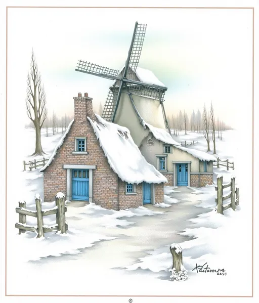 Prompt: (drawing of a serene windmill in the snow), peaceful winter scene, (person casually walking by), cozy house with a vibrant blue door, soft white snow covering the ground, tranquil atmosphere, gentle snowfall, subtle gray-blue sky, harmonious colors, (highly detailed), showcasing quaint details in the scenery, ideal for evoking a sense of calm and nostalgia.