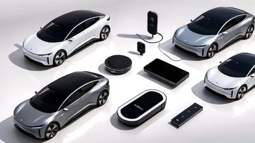 Prompt: An assortment of sleek, futuristic electric vehicle accessories displayed on a high-tech surface. Items include wireless phone chargers, EV-specific tire pressure monitors, smart key fobs, dashboard cameras, touchscreen control panels, and compact air purifiers for vehicles. The accessories are neatly arranged with a minimalistic, polished look. The background is neutral, with a modern aesthetic that emphasizes the innovative design of the products, perfect for an electric vehicle enthusiast.